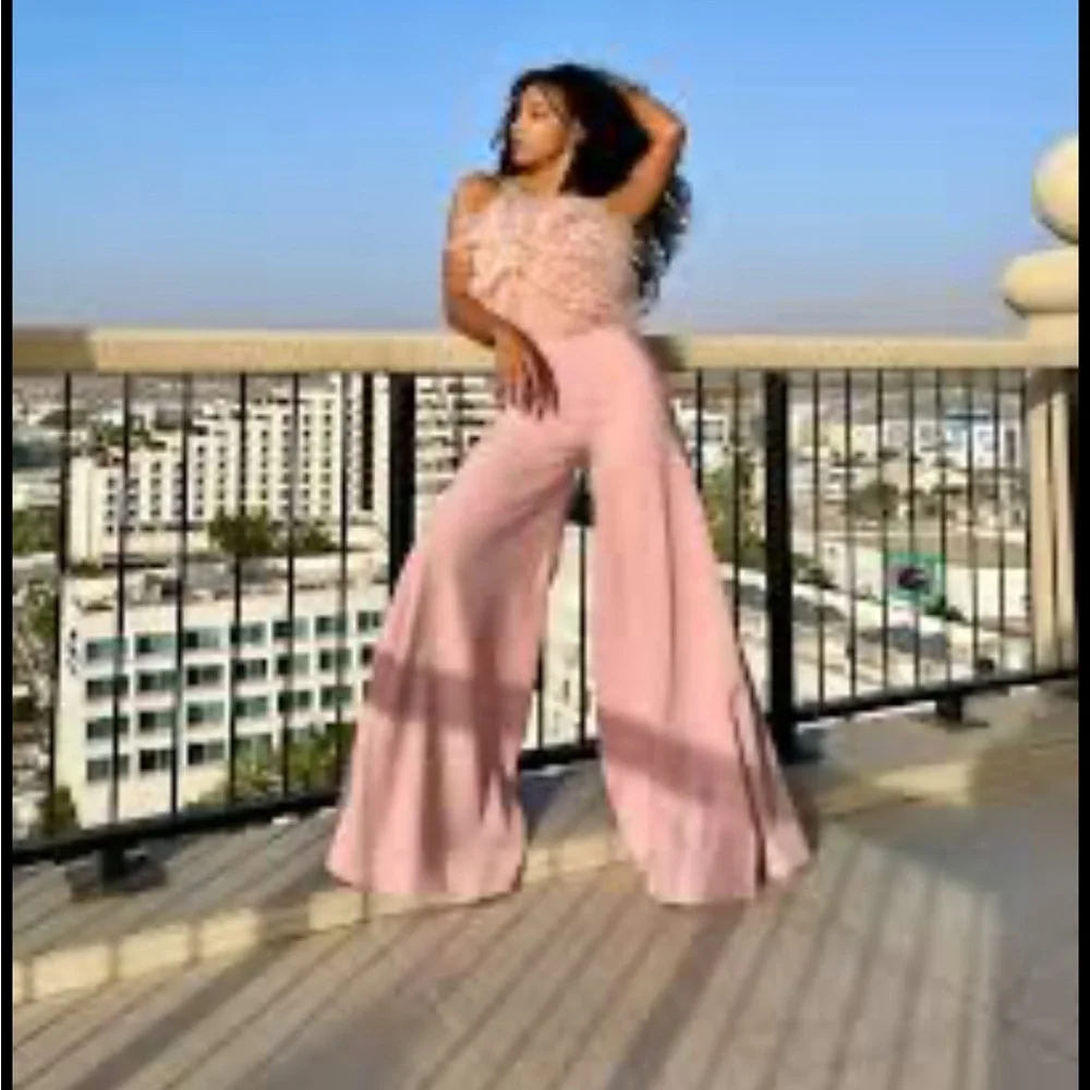 Anthropologie Hutch pink open side feathered jumpsuit, NWT 8 romper wide leg